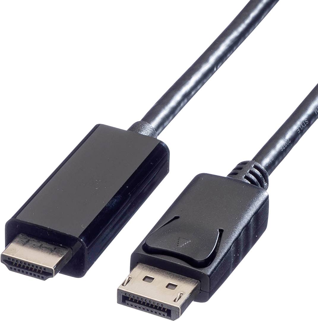 Ein DisplayPort auf HDMI Kabel mit schwarzer Umhüllung, das verwendet wird, um Video- und Audiosignale zwischen Geräten zu übertragen.