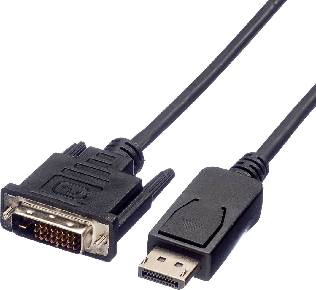 DVI-auf-DisplayPort-Kabel zur Verbindung von Computern mit Monitoren, zeigt die Steckerenden für beide Standards.