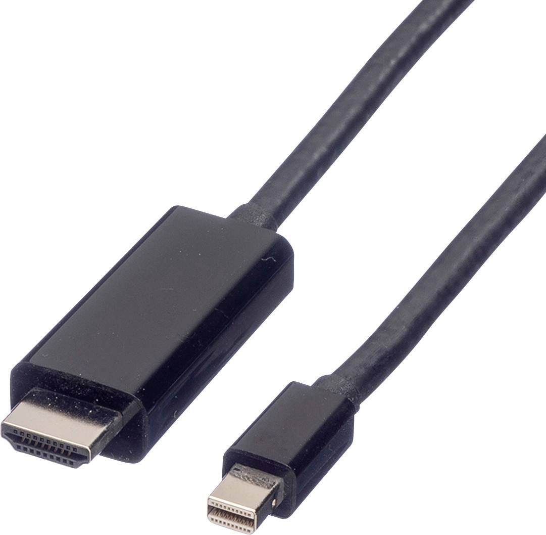 Ein schwarzes HDMI-Kabel mit einem größeren HDMI-Stecker und einem kleineren Mini-DisplayPort-Stecker.
