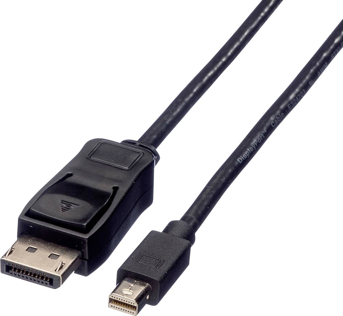 'DisplayPort-auf-Mini-DisplayPort-Kabel' zeigt ein schwarzes Kabel mit einem größeren DisplayPort-Stecker und einem kleineren Mini-DisplayPort-Stecker.