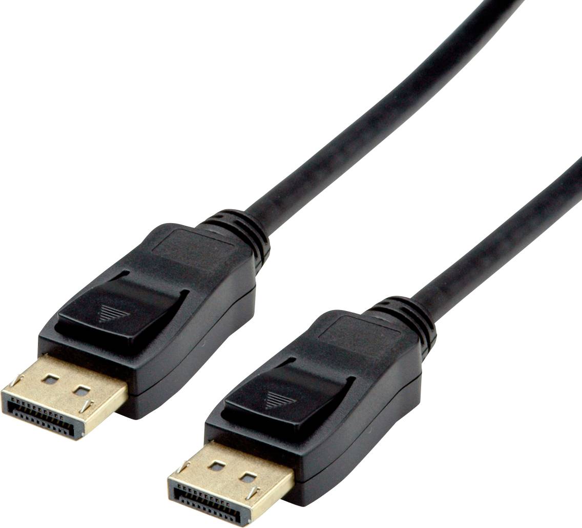 Zwei schwarze DisplayPort-Kabel mit den typischen rechteckigen Steckern und dreieckigen Symbolen auf den Steckern.