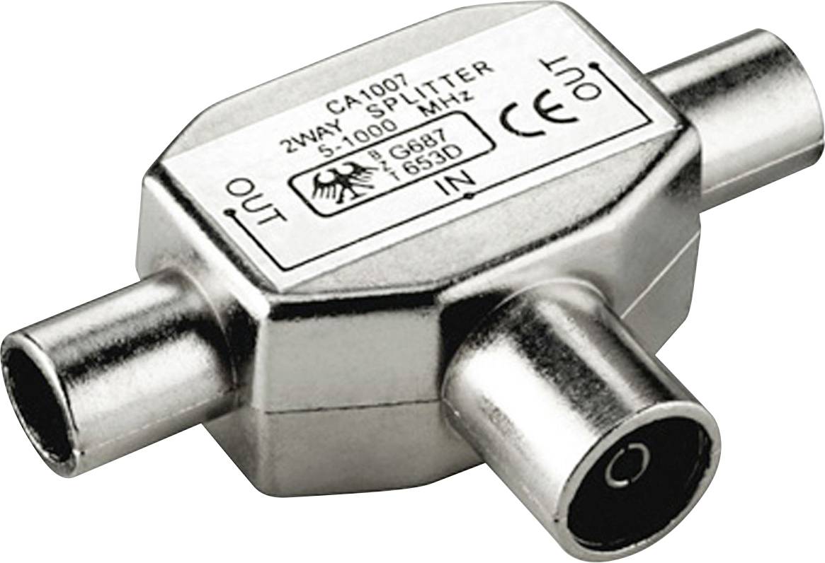 Ein metallischer 2-Wege-Splitter für TV-Kabelverbindungen mit den Anschlüssen 'IN' und 'OUT' sowie technische Informationen oben.