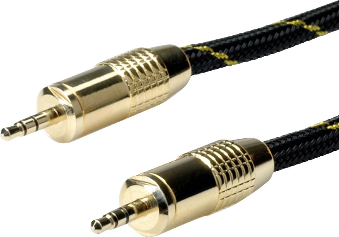 Zwei goldene 3,5-mm-Klinkenstecker an beiden Enden eines schwarz-gelben geflochtenen Kabels.