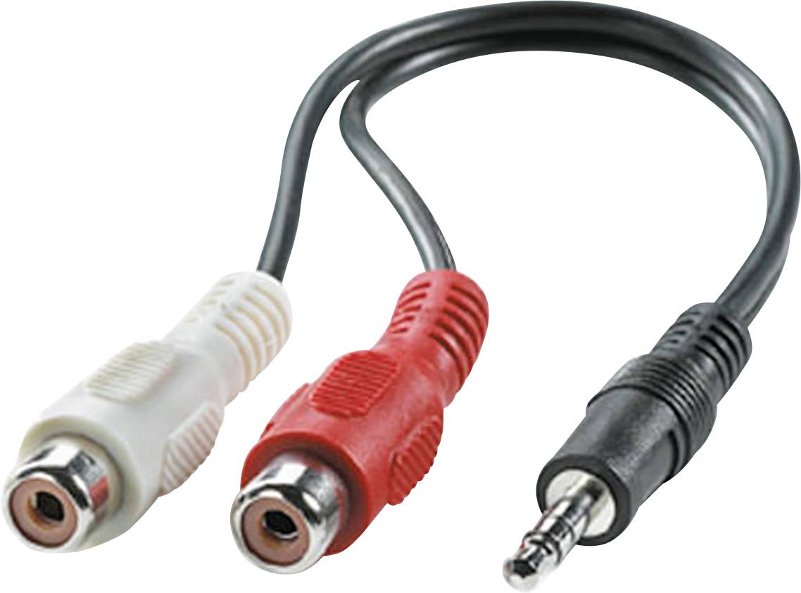 Ein Audiokabel mit zwei RCA-Anschlüssen (rot und weiß) und einem 3,5-mm-Klinkenstecker; dient der Verbindung von Audiogeräten.