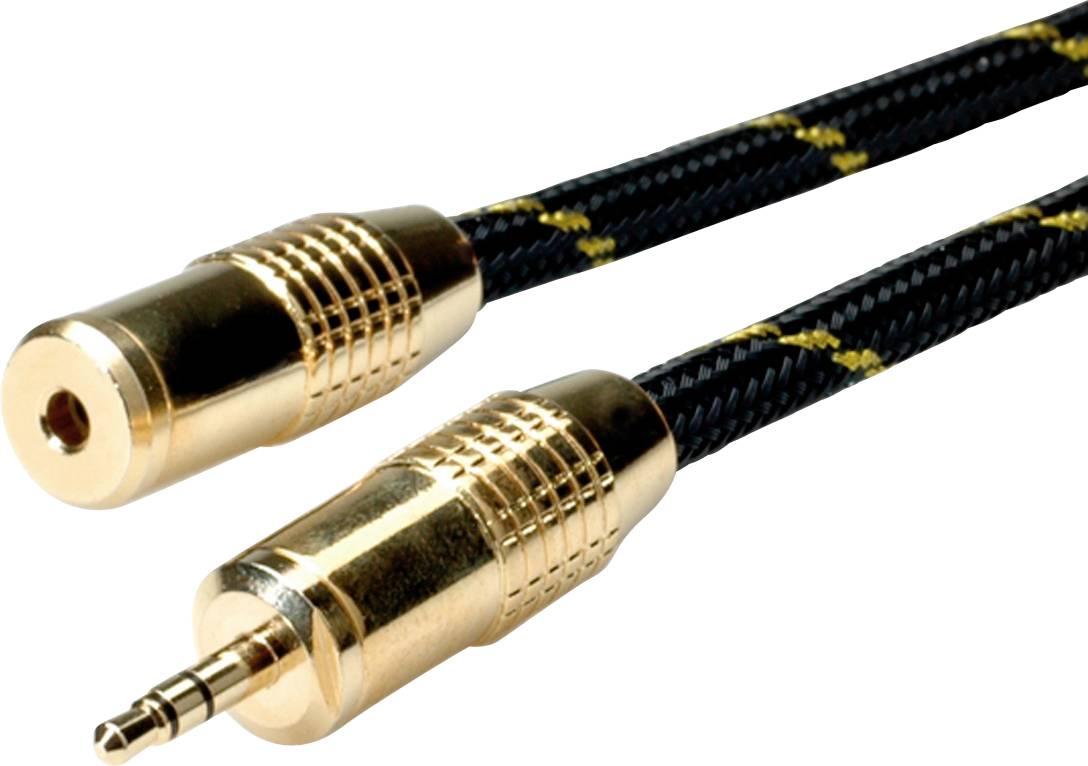 Goldfarbener Audiokabeladapter mit schwarzer, gelbmusterierter Ummantelung. Rechts ist der Stecker, links die Buchse.