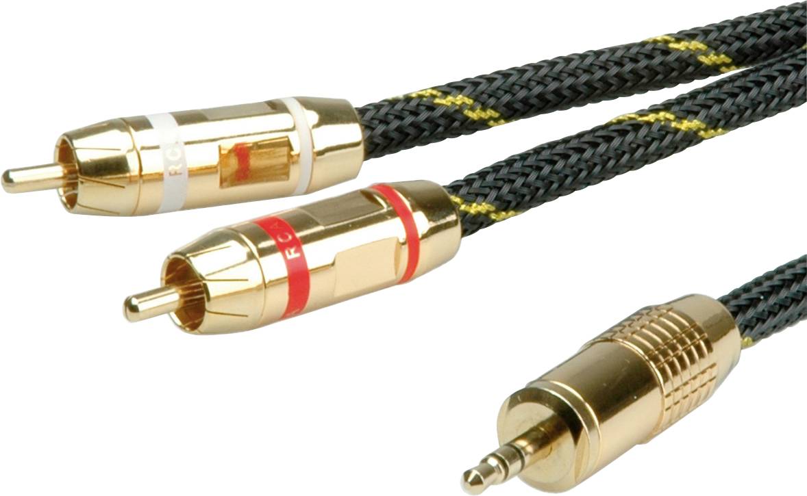 Zwei Cinch-Stecker mit rot und weiß markiertem Stecker, verbunden mit einem 3,5-mm-Klinkenstecker, alle vergoldet und schwarz ummantelt.