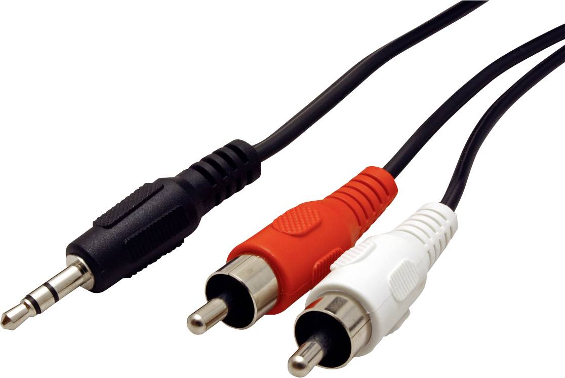Drei Kabel mit Anschlüssen: ein schwarzer 3,5-mm-Klinkenstecker und zwei RCA-Stecker in Rot und Weiß für Audioverbindungen.