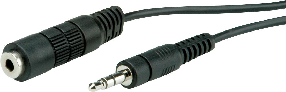 Zwei Audiokabel: links eine Buchse, rechts ein Stecker. Verbinden Geräte für Tonübertragung. Schwarz, standardisiertes Design.
