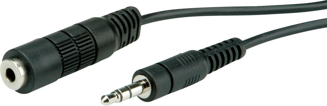 Ein schwarzes 3,5-mm-Klinkenstecker-Adapterkabel mit zwei Enden: Eine Buchse und ein Stecker, die zur Audioverbindung dienen.