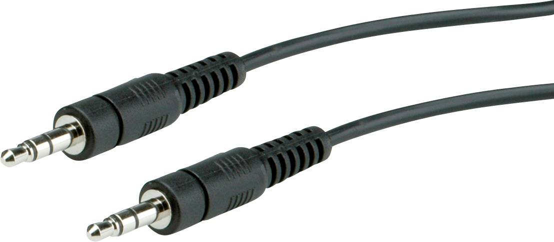 Zwei schwarze Audiokabel mit 3,5-mm-Steckern für die Verbindung von Audioquellen.