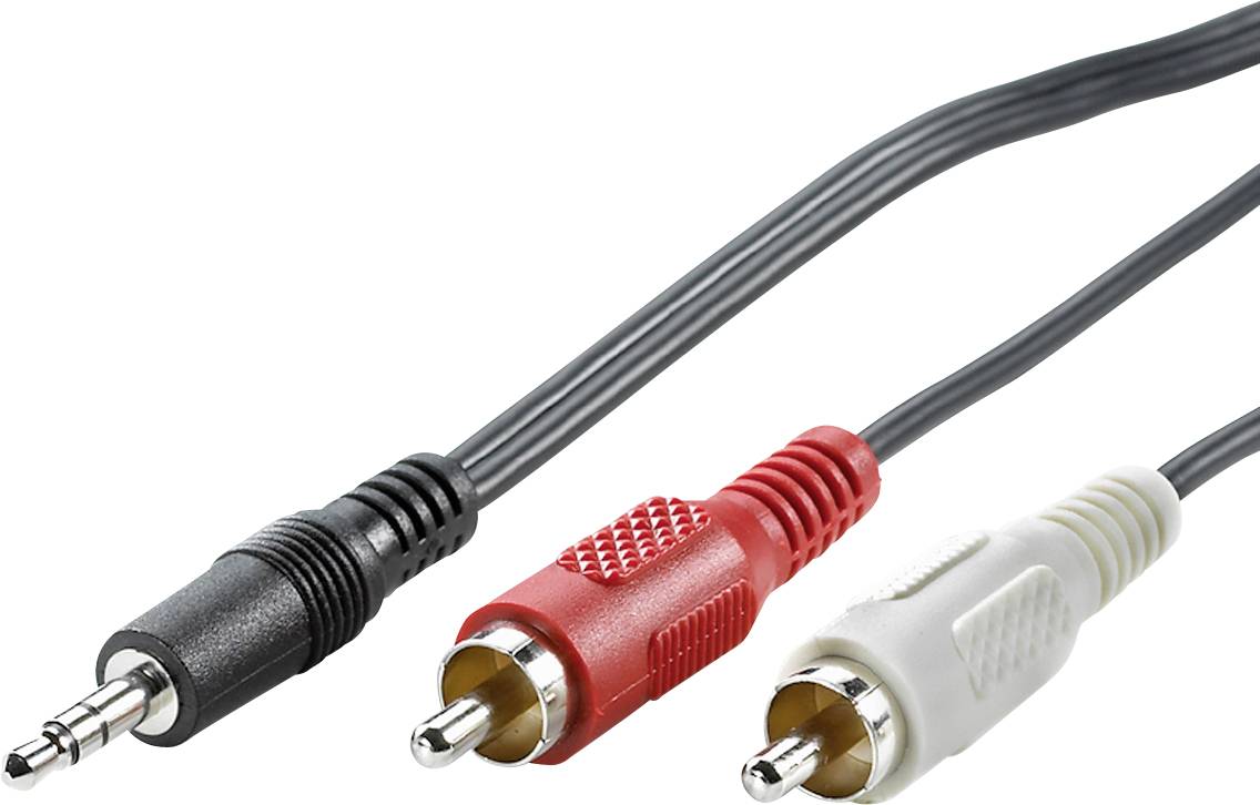 Drei Audiokabel mit Stecker: ein schwarzer 3,5-mm-Klinkenstecker und zwei Cinch-Stecker, rot und weiß, für Audioverbindungen.