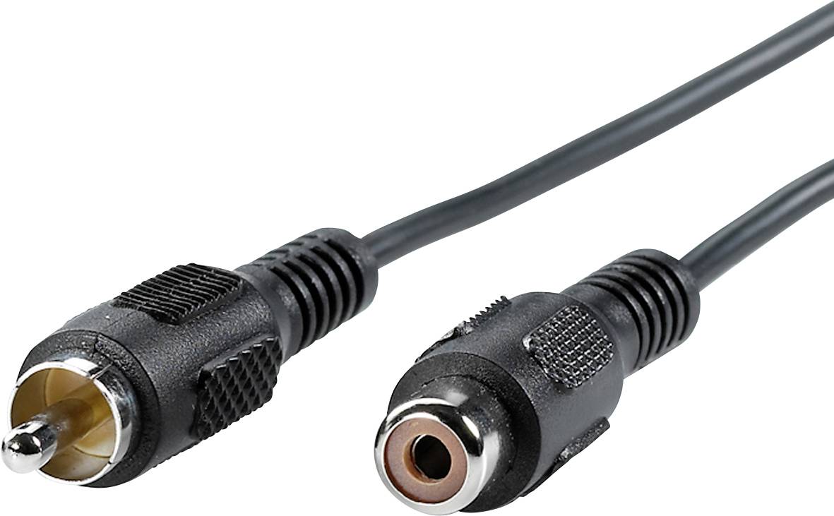 Zwei Audio-Stecker, links ein männlicher RCA-Stecker und rechts eine weibliche RCA-Buchse, beide mit schwarzem Kabel.
