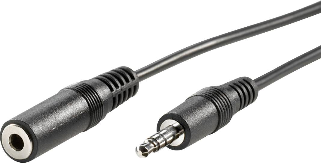 Ein schwarzes Audio-Verlängerungskabel mit einem 3,5-mm-Stecker und einer 3,5-mm-Buchse.