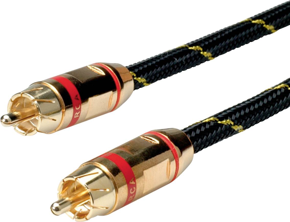 Zwei goldfarbene RCA-Stecker angeschlossen an einem schwarz-gelben Kabel, die für Audio- oder Videoverbindungen verwendet werden.