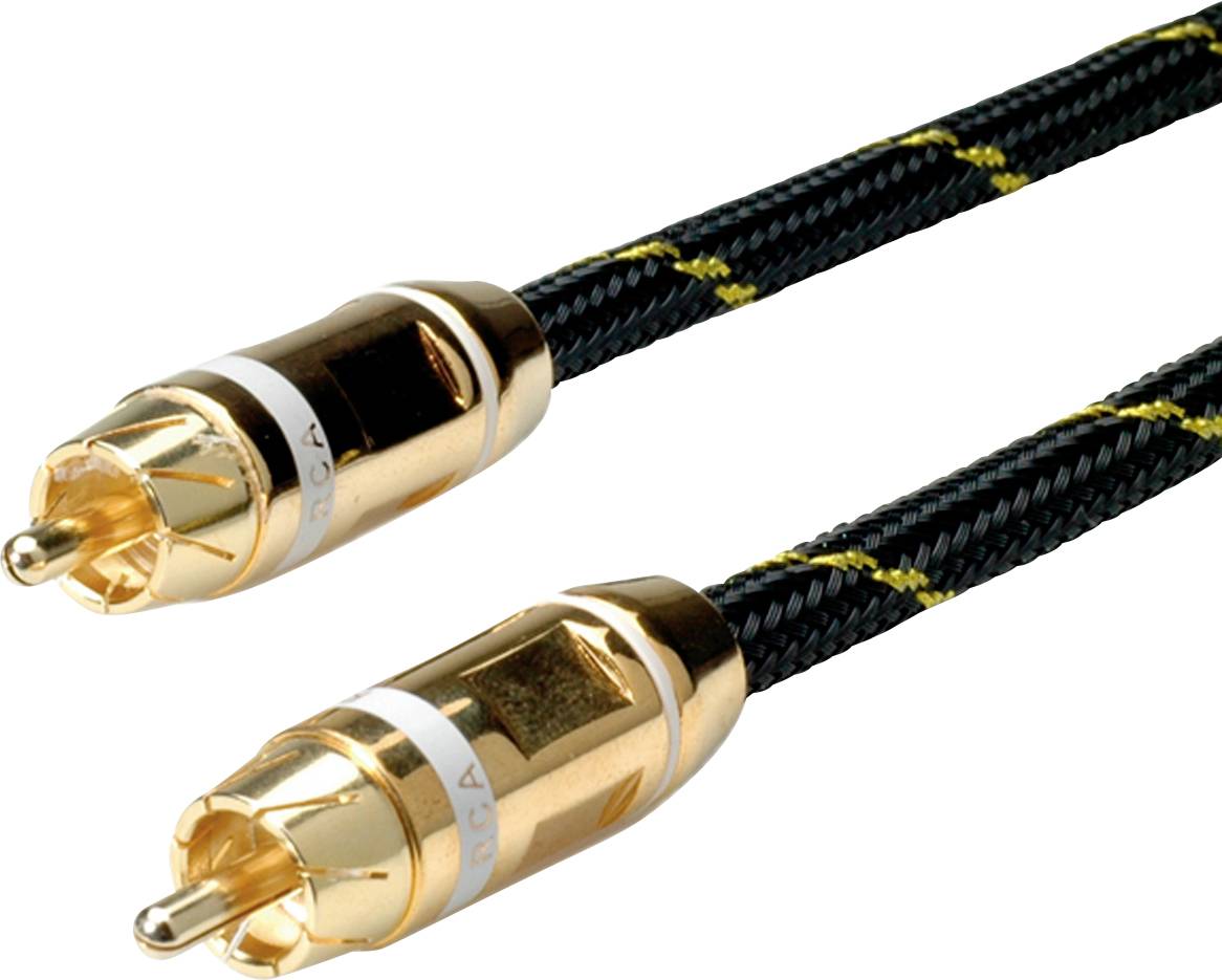 Zwei RCA-Stecker mit goldenen Kontakten und schwarzem, geflochtenem Kabelmantel.