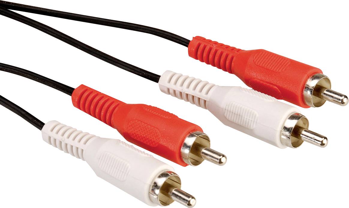 Zwei rote und zwei weiße Cinch-Stecker mit schwarzen Kabeln, üblicherweise für Audioverbindungen genutzt.