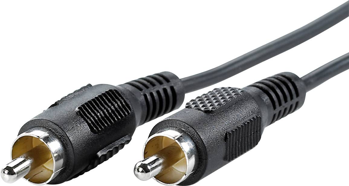 Zwei schwarze Cinch-Stecker mit geriffeltem Gehäuse und metallischem Kontaktende, verbunden durch ein schwarzes Kabel.