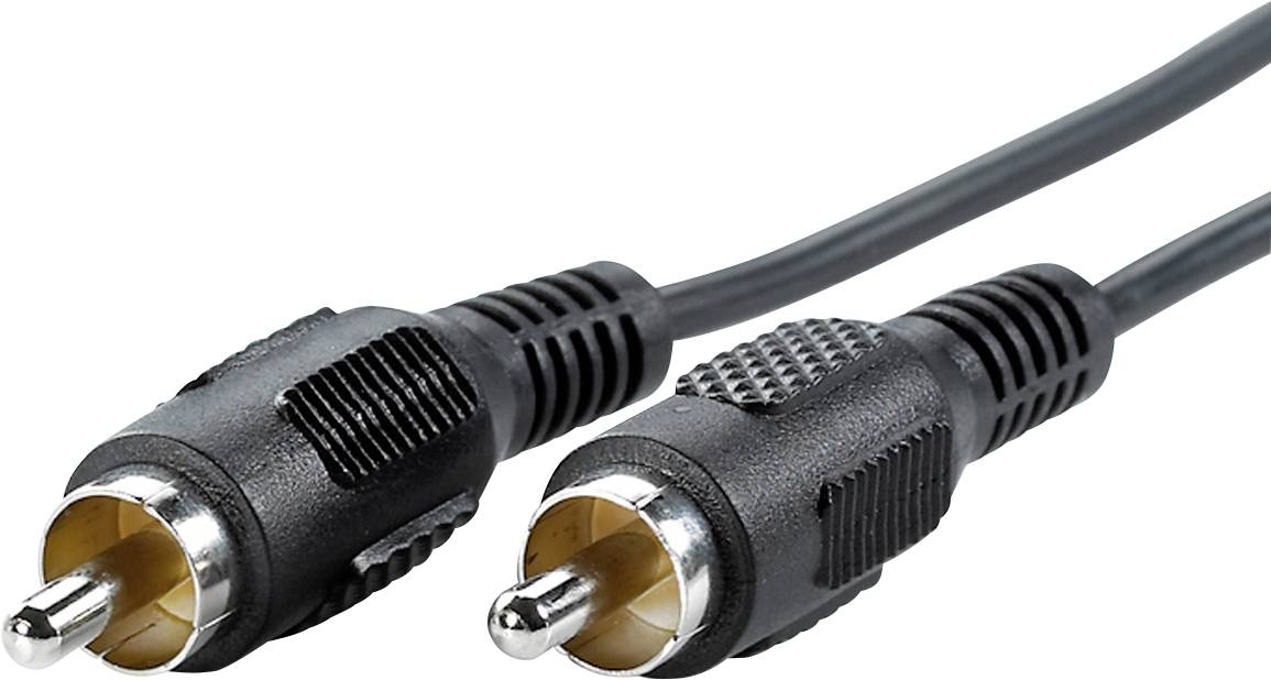 Zwei schwarze Cinch-Stecker mit Metallspitzen, verbunden durch ein Kabel.