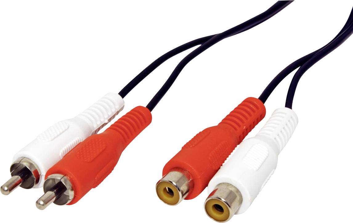Zwei Paar RCA-Kabel, jeweils ein weißer und ein roter Stecker, nebeneinander liegend. Sie sind typisch für Audiogeräteanschlüsse.
