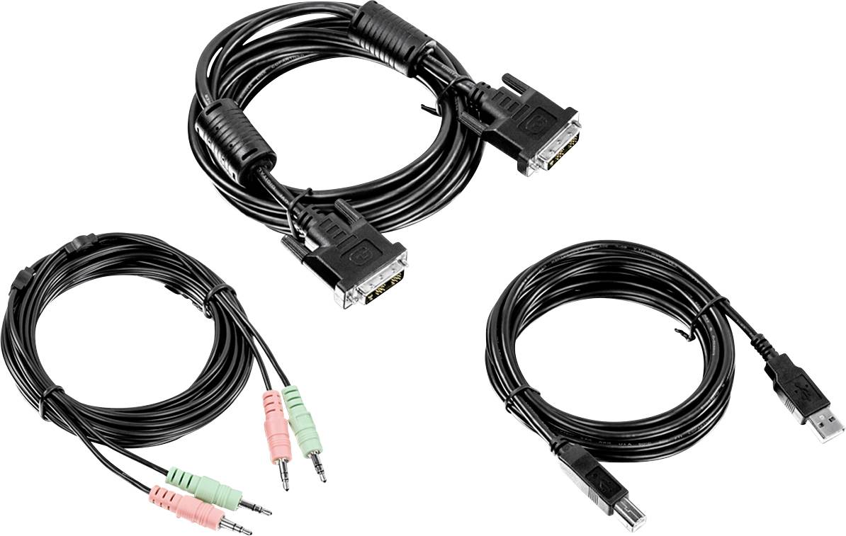 Drei verschiedene Kabel: Ein VGA-Kabel mit Steckern an beiden Enden, ein USB-Kabel mit USB-Stecker und ein Audiokabel mit rosa und grünen Steckern.