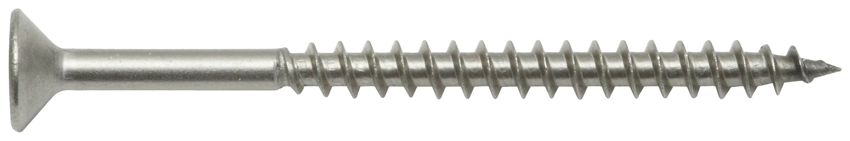 Eine silberne Metallschraube mit flachem Kopf und durchgehendem Gewinde, horizontal ausgerichtet, auf weißem Hintergrund.