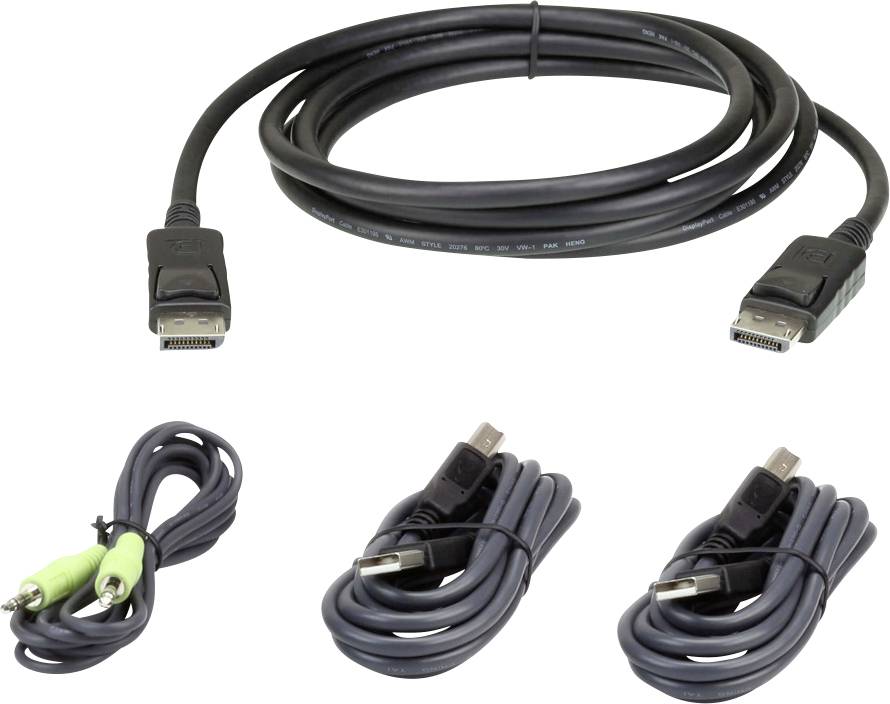 Ein Set mit vier Kabeln: ein DisplayPort-Kabel, zwei USB-Kabel und ein Audiokabel mit grünem Stecker.