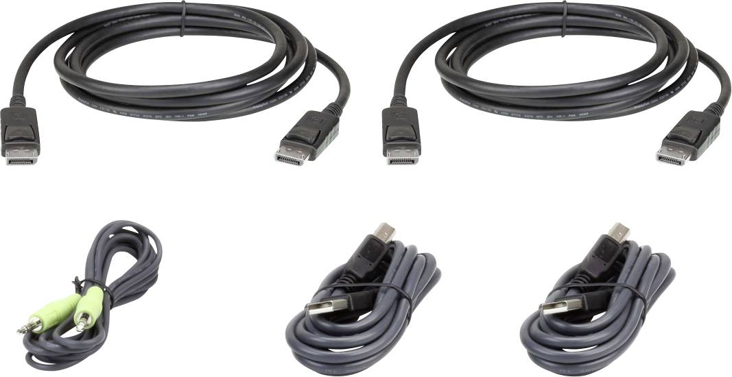 Sechs Kabel: zwei HDMI-Kabel, ein Audiokabel mit grünem und rotem Stecker, und drei USB-Kabel auf weißem Hintergrund.