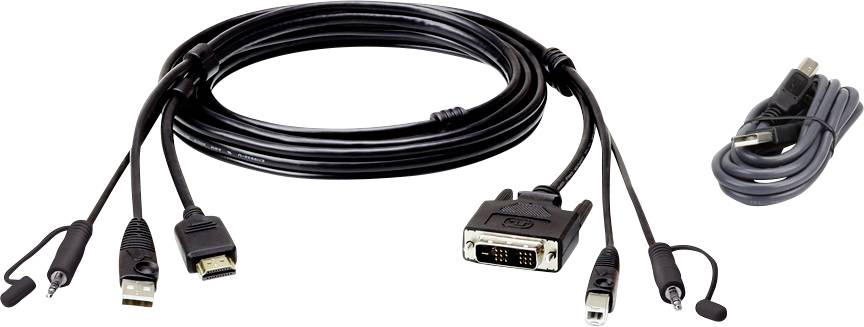 Diverse Computerkabel mit HDMI-, DVI- und Mini-Display-Anschluss. Ein weiteres Kabel endet in einem USB-Stecker. Geeignet für Video- und Audioverbindungen.