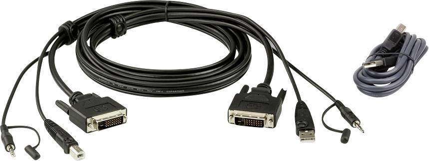 Ein Satz verschiedener Kabel, darunter DVI, USB und 3,5-mm-Audioanschlüsse, hauptsächlich für Computergeräte.