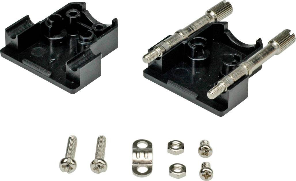 Ein Satz Montageteile für ein Produkt, bestehend aus zwei schwarzen Kunststoffhalterungen, zwei langen Metallstiften, Schrauben und Muttern.