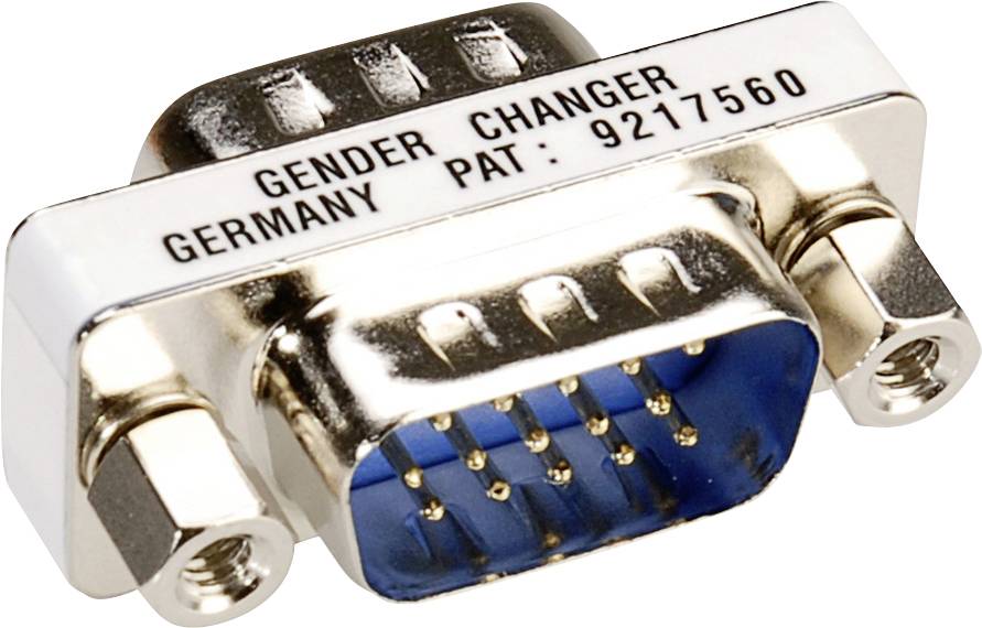 'Gender Changer' Adapter, VGA-Anschluss mit blauem Innenleben, glänzendes Metallgehäuse.