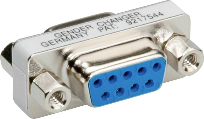 Ein DB9-Stecker Gender Changer mit blauer Anschlussseite und Metallgehäuse; Etikett mit Aufschrift 'Germany Pat. 9217544'.