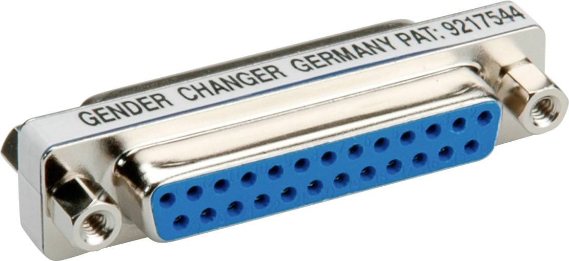 Ein Metalladapter mit blauen Anschlüssen und der Aufschrift 'Gender Changer Germany Pat: 9217544', verwendet zur Verbindung von Kabeln.