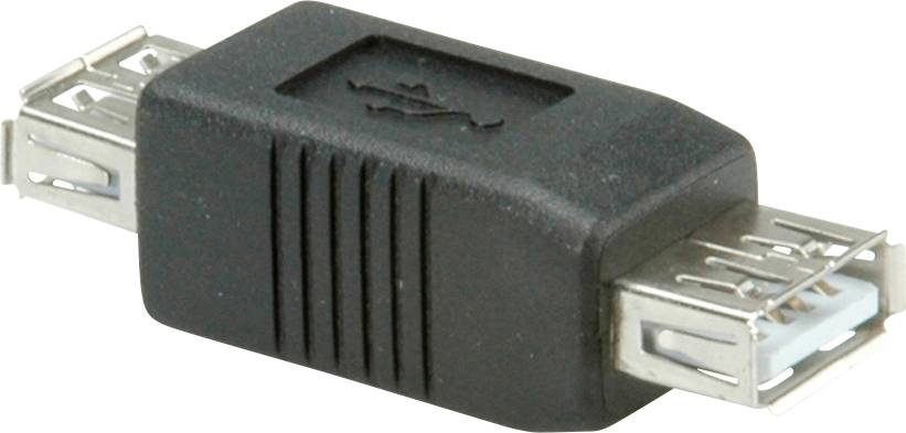 Ein schwarzer USB-Adapter mit zwei weiblichen USB-Anschlüssen, einer auf jeder Seite, um USB-Kabel miteinander zu verbinden.