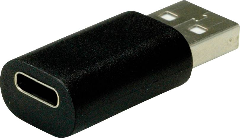 USB-C-zu-USB-A-Adapter, schwarz, flacher rechteckiger Körper mit zwei verschiedenen Anschlussenden, ermöglicht Verbindung zwischen Geräten unterschiedlicher USB-Typen.