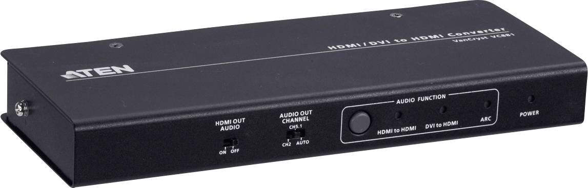 'ATEN HDMI/DVI zu HDMI Konverter'. Schwarzes Gerät mit HDMI und DVI Anschlüssen. Steuerknöpfe für Audio-Modus auf der Vorderseite.