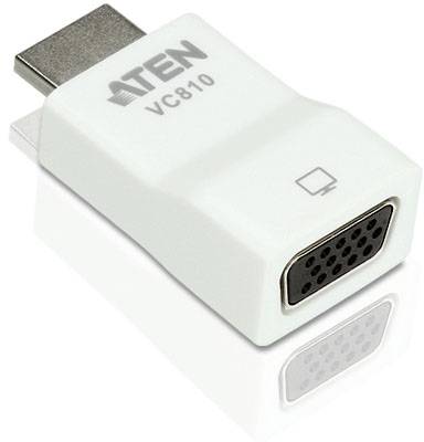 Ein weißer HDMI-auf-VGA-Adapter mit der Aufschrift 'ATEN VC810', konzipiert für die Ausgabe von HD-Inhalten auf analoge Displays.