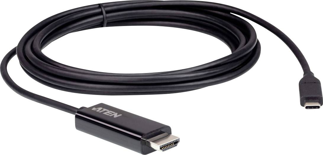 Ein schwarzes HDMI-zu-USB-C-Kabel auf weißem Hintergrund, das für die Verbindung elektronischer Geräte verwendet wird.