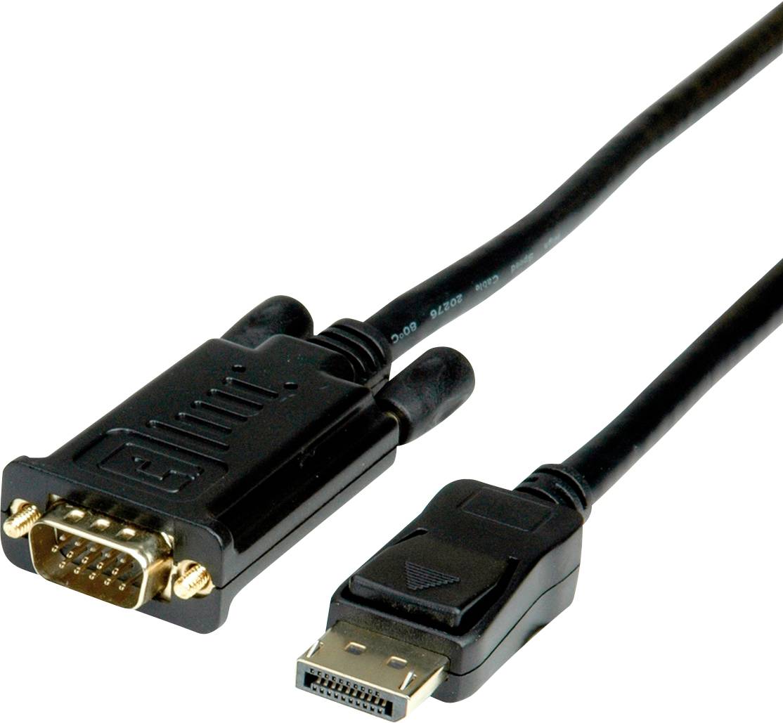 Ein schwarzes Kabel mit einem VGA-Stecker auf der linken Seite und einem DisplayPort-Stecker auf der rechten Seite.