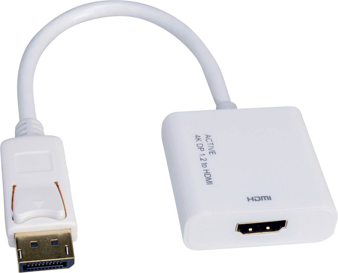 Ein weißer DisplayPort-zu-HDMI-Adapter mit kurzem Kabel, beschriftet mit 'Active 4K DP 1.2 to HDMI', für den Anschluss von Geräten.