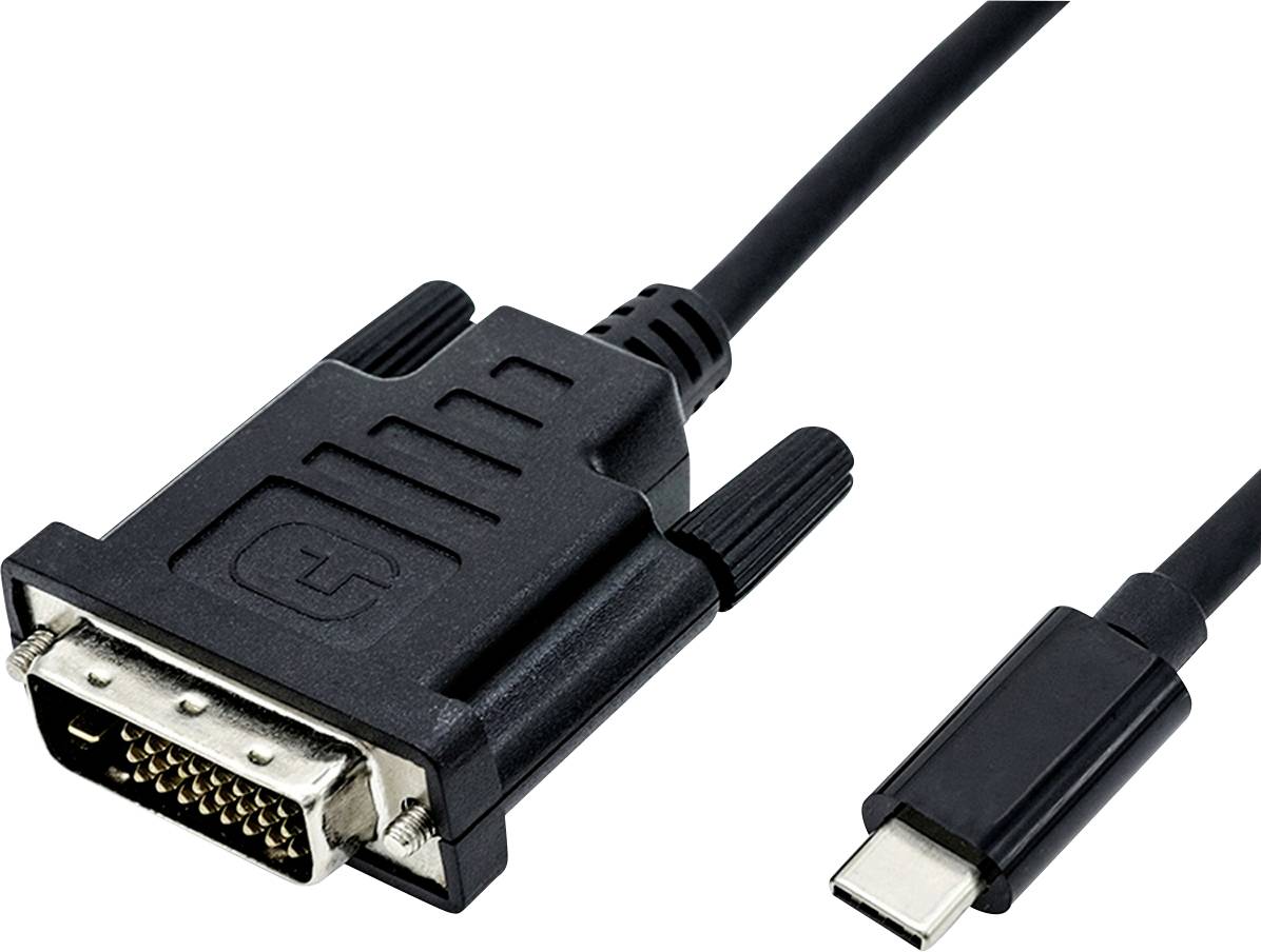 Ein schwarzes DVI-zu-USB-C-Kabeladapter, das zwei verschiedene Anschlusstypen zeigt: einen DVI-Stecker und einen USB-C-Stecker.