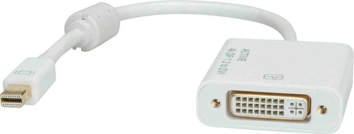 Ein weißer DisplayPort-zu-DVI-Adapter mit einem kurzen Kabel verbindet Geräte mit unterschiedlichen Videoanschlüssen.