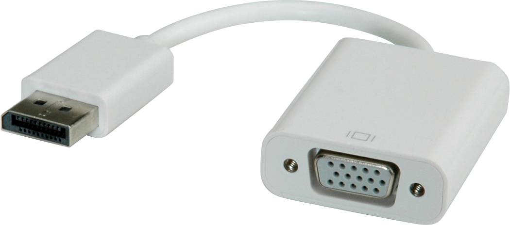 Ein weißer DisplayPort-zu-VGA-Adapter mit VGA-Ausgang und DisplayPort-Anschlusskabel. Geeignet für Monitore und Projektoren.