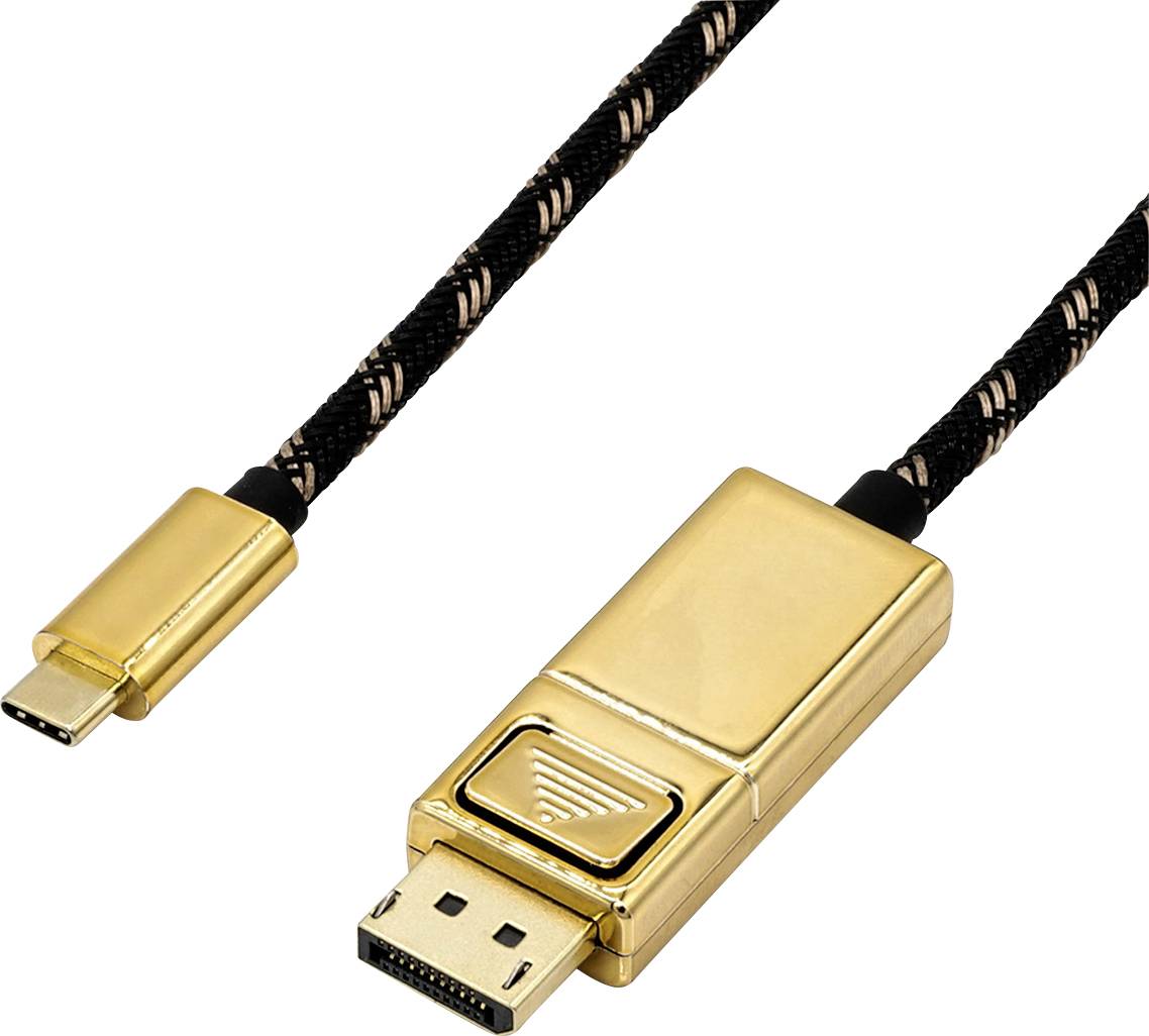 Goldenes USB-C-auf-DisplayPort-Kabel mit geflochtenem schwarzen Kabel. Zum Verbinden eines Geräts mit einem DisplayPort-fähigen Monitor.