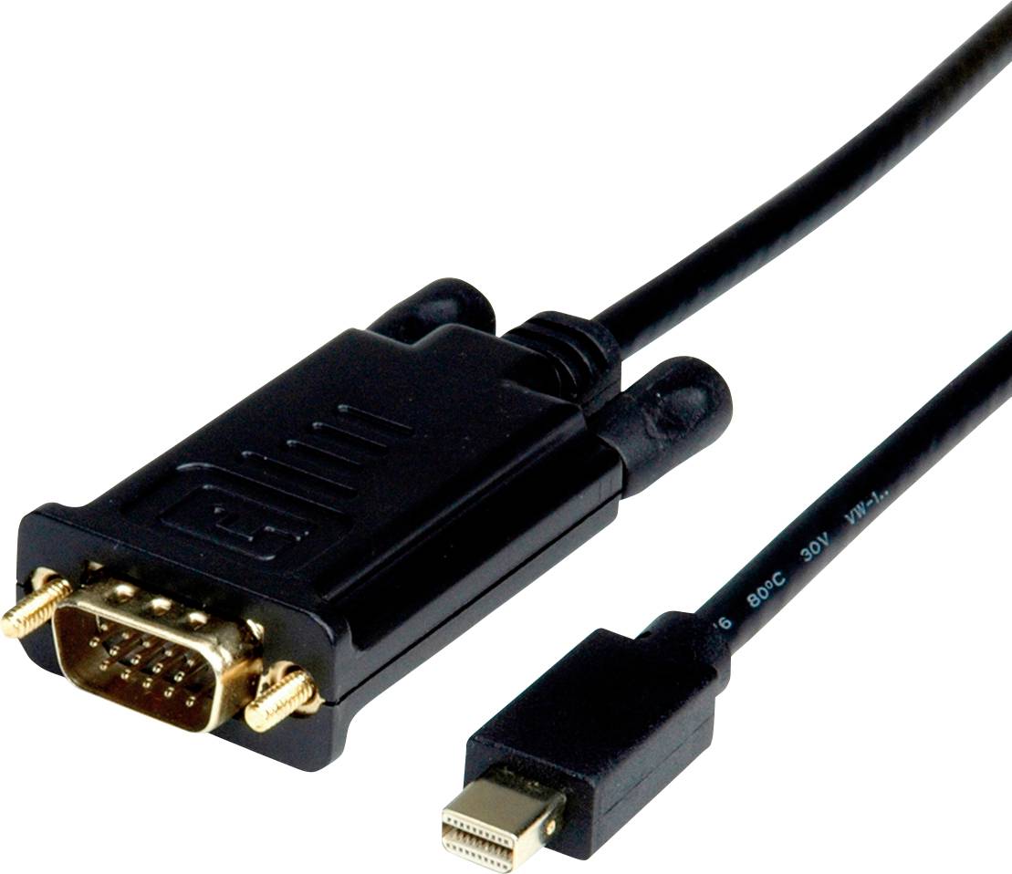 VGA-zu-Mini-DisplayPort-Adapterkabel, schwarzes Design, für Verbindung zwischen VGA-Ausgang und Mini-DisplayPort-Eingang.