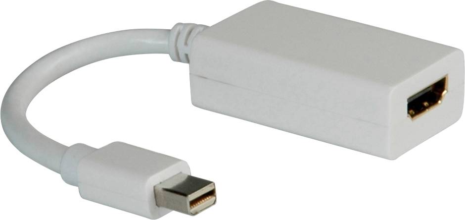 Weißer Adapter mit HDMI-Ausgang und Mini-DisplayPort-Eingang zum Verbinden von Geräten wie Laptops mit Monitoren oder Fernsehern.