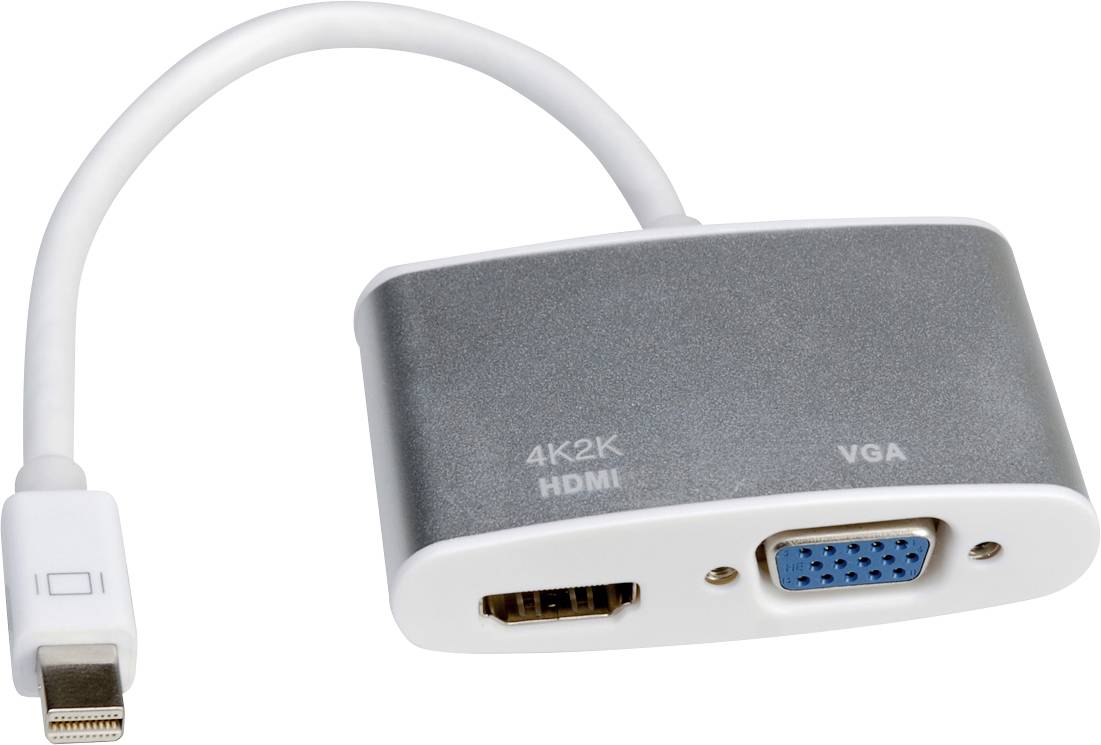 Ein Adapter mit einem HDMI- und einem VGA-Anschluss sowie einem Mini DisplayPort-Stecker.