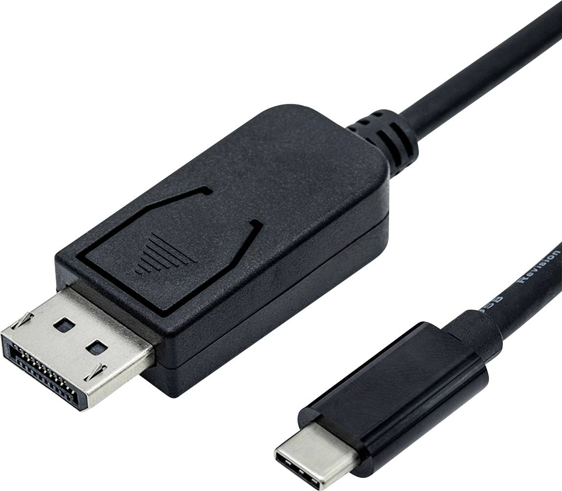 Ein schwarzes Kabel mit einem DisplayPort-Anschluss auf der einen Seite und einem USB-C-Anschluss auf der anderen.
