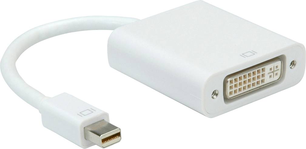 Ein weißer Mini DisplayPort-auf-DVI-Adapter. Links der Mini DisplayPort-Stecker, rechts die DVI-Buchse. Gerät zum Videoanschluss.