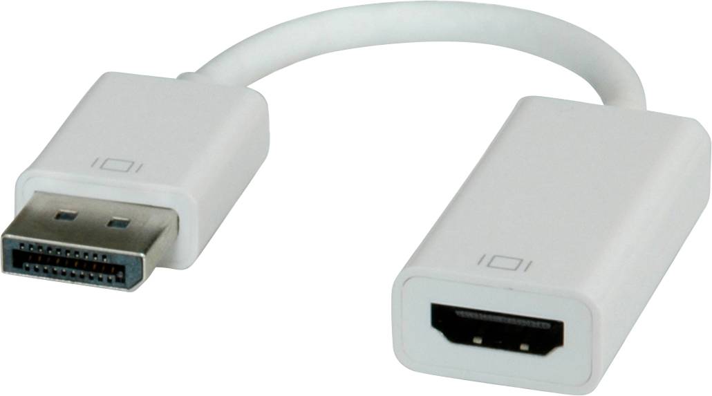 Ein weißer Adapterkabel mit einem DisplayPort-Stecker und einem HDMI-Anschluss, verwendet zur Verbindung von Geräten mit unterschiedlichen Schnittstellen.